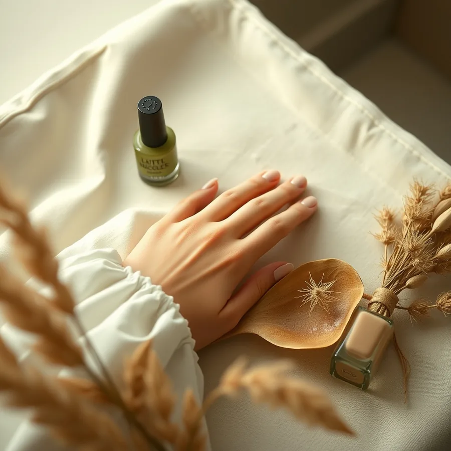 Mão com manicure nude em forma de amêndoa